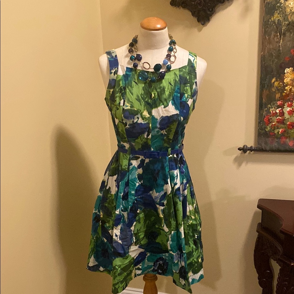 Floral Green and Blue Belted Sleeveless Dress